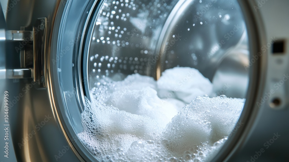 Poster a washing machine drum filled with white towels is in the middle of a wash cycle, producing bubbles 
