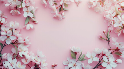 Obraz premium Delicate cherry blossoms framed against a soft pink backdrop create a serene spring atmosphere perfect for celebration and peace
