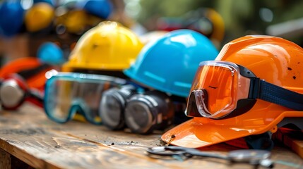 Fototapeta premium A close-up image of a row of hard hats and safety glasses on a wooden table. The hard hats are yellow, blue, and orange.