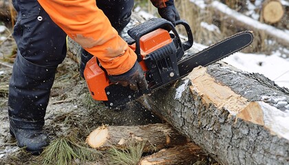 A person wearing protective clothing operates a chainsaw, cutting through a log in a snowy outdoor environment.