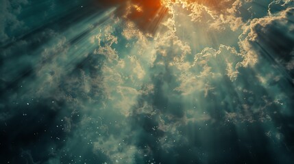 A beautiful sky with a bright shining sun breaking through the clouds. The sky is a deep blue color and the clouds are a light gray color.