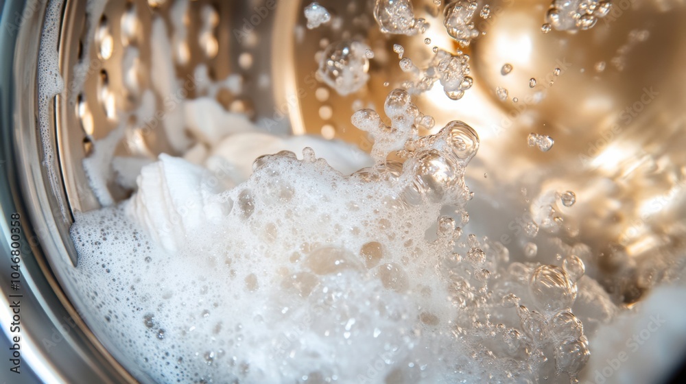 Poster the washing machine drum spins with white towels as water and bubbles surround them in a cleansing m