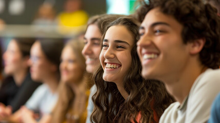 Obraz premium Joyful moments shared among friends during a vibrant discussion in a lively classroom setting