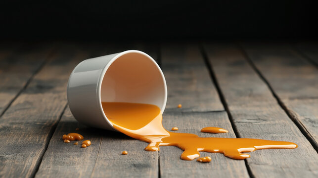 White cup tipped over on a wooden surface with orange liquid spilled out. Dark background.