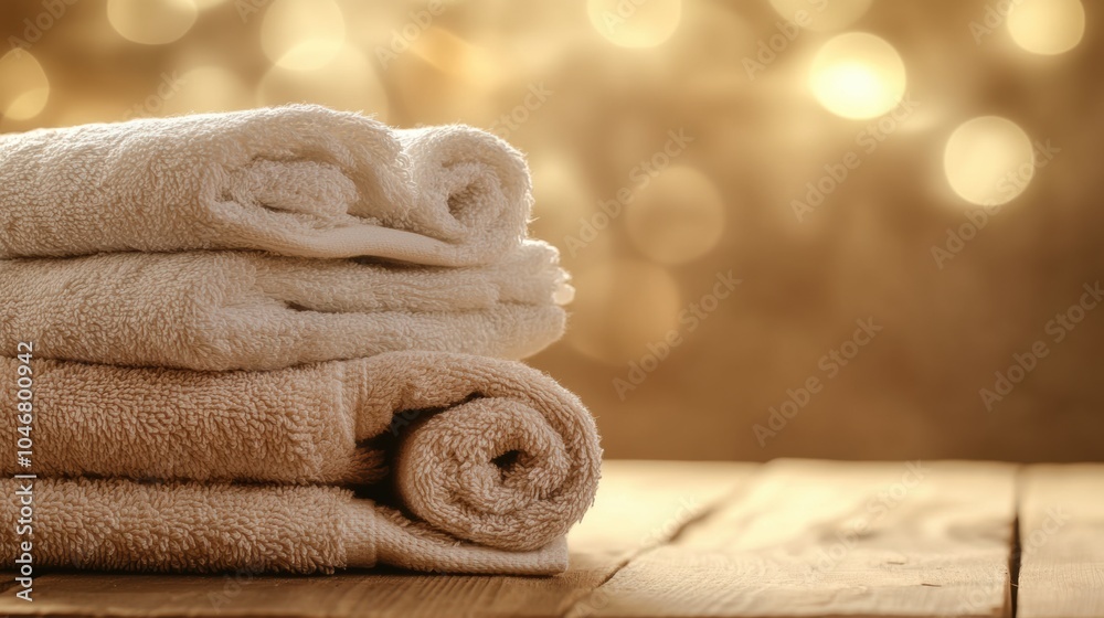 Aufkleber rolled towels are placed on a wooden surface, surrounded by a warm and inviting atmosphere created b