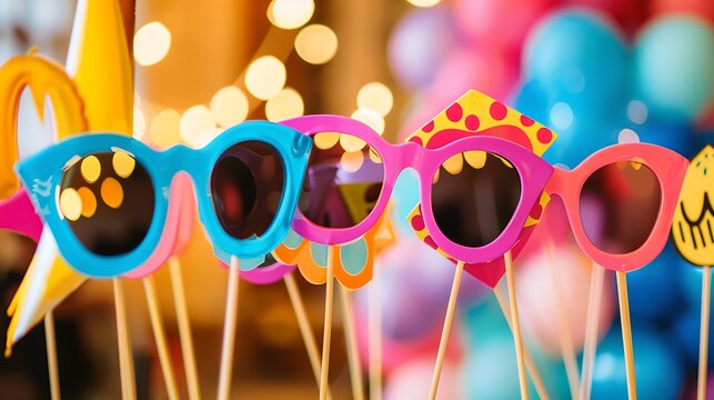Colorful and fun party glasses on sticks. Perfect for any celebration! These glasses are sure to add some fun and excitement to your next party.