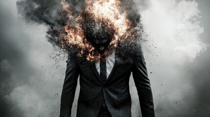 Obraz premium Mysterious man with head engulfed in flames dramatic background