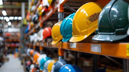 A variety of hard hats are neatly arranged on a shelf in a warehouse.