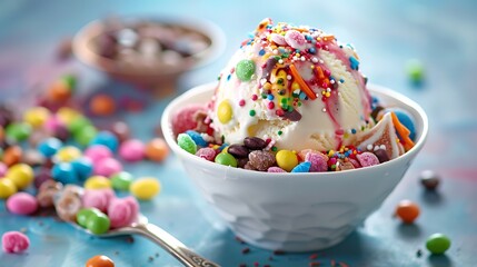 A bowl of vanilla ice cream is topped with rainbow sprinkles and a variety of colorful candies.