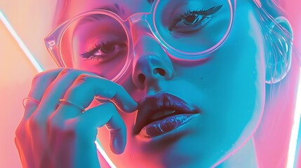 A closeup portrait of a young woman wearing glasses. She has a hand on her face and is looking at the camera with a serious expression.