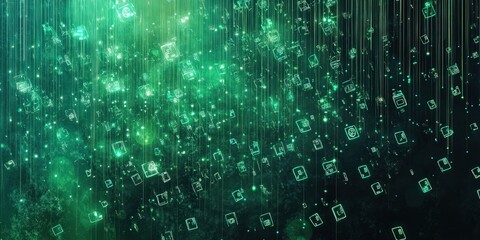 Obraz premium Matrix-style pattern with falling digital symbols in green shades