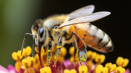 Fototapeta premium Close-up macro photograph of a bee collecting pollen from a flower with yellow stamen and pink petals.