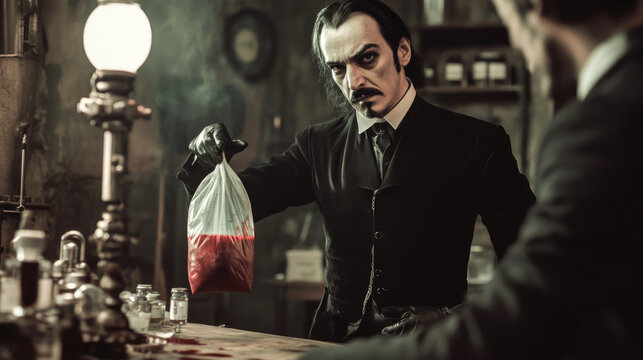 Mysterious victorian chemist holding red substance in vintage laboratory