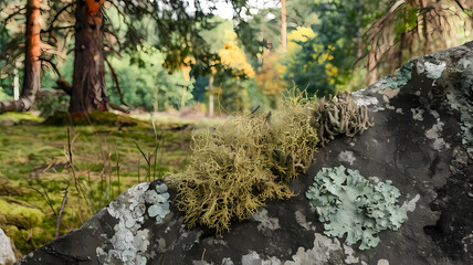 Lichen growing on a rock in a forest with trees and colorful foliage in the background, showcasing nature's beauty.