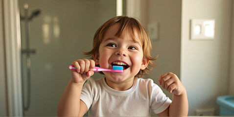 Child happily learns how to use a toothbrush, oral health, hygiene and disease prevention