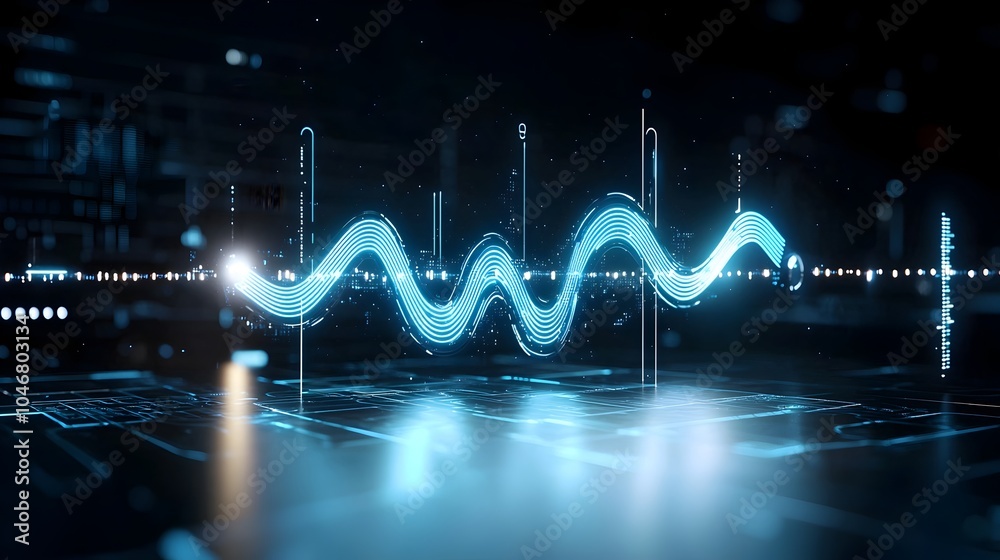 Poster Futuristic and abstract design featuring swirling blue waves with glowing technological particles over a dark and white background representing innovation and advancements in the digital age