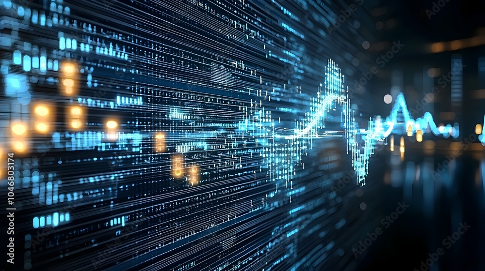 Poster Futuristic digital landscape with glowing particles riding dynamic blue waves on a dark background with white highlights symbolizing the flow of technology and data