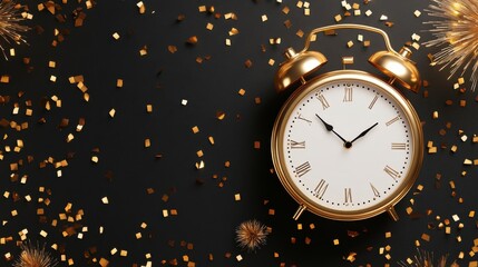 Golden Clock at Midnight with Fireworks Display