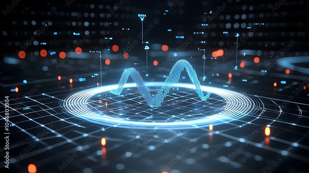 Poster Glowing blue digital waves moving across a dark and white background representing futuristic technology and dynamic data flow  Abstract with minimalist design and modern innovative concept