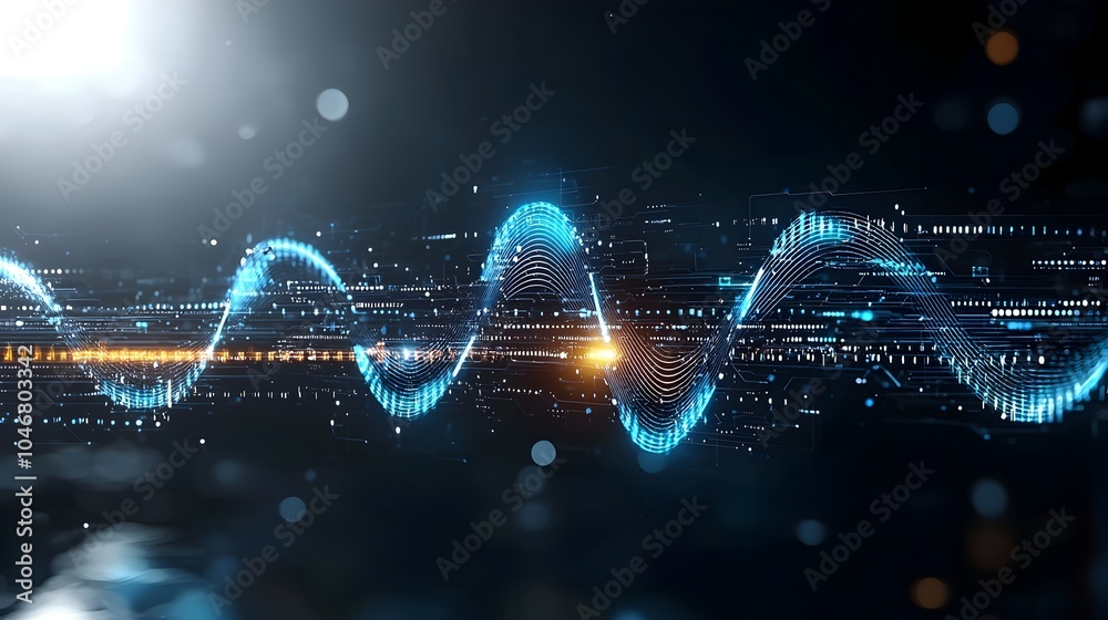 Poster Glowing blue digital waves flowing and moving across a dark and white minimalist background representing the dynamic flow of futuristic technology and data