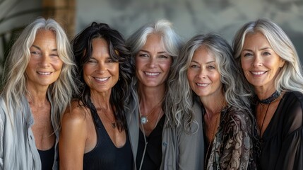 Fototapeta premium A joyful gathering of five women with beautiful silver hair smiling together in a bright, vibrant setting. Generative AI