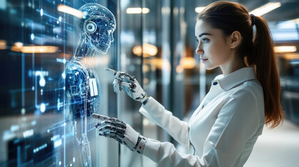Futuristic interaction: woman with robotic arm engages with digital humanoid in modern setting