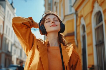 Obraz premium Happy relaxed woman in wireless headphones choosing, listening favorite music in urban city sunny street. Travel, tourism, technology, blogging concept. generative ai