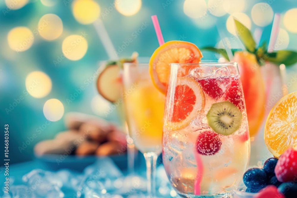 Poster bright cocktails are served with a variety of snacks and fresh fruit slices, creating a lively and f