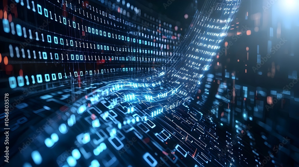 Poster Glowing Blue Digital Waves Flowing Across a Dark and White Background Representing Futuristic Technology and Dynamic Data Flow of Information and Communication