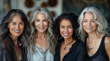 Obraz premium Celebrating beauty and confidence among four diverse women with radiant gray hair in a stylish urban setting. Generative AI