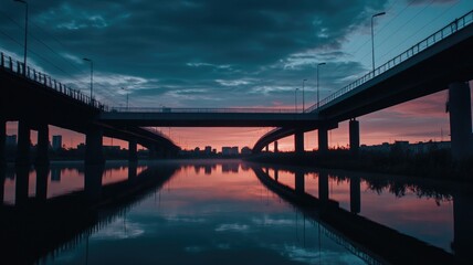 Two bridges over river at sunset, reflecting on water, urban scene