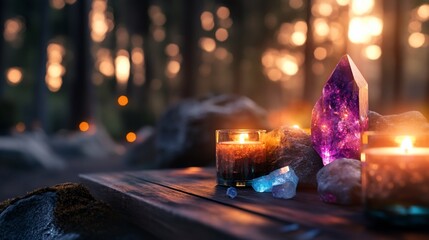 Amethyst crystal with glowing candles on a wooden table in a forest setting.