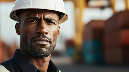 Close-up of a determined longshoreman in a hard hat, serious expression, cargo containers blurred in the background, representing labor strike intensity