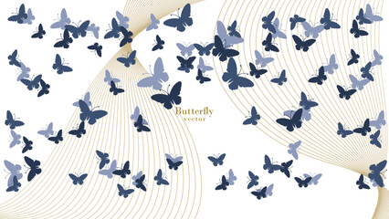 butterfly vectors pattern in silhouettes ,butterfly vector set. Elegant wild flying isolated in white and dynamic wave line