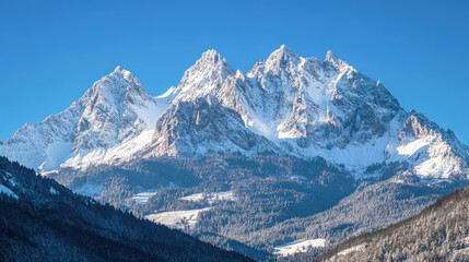 Obraz premium Majestic snow-covered mountains under clear blue sky in serene winter landscape
