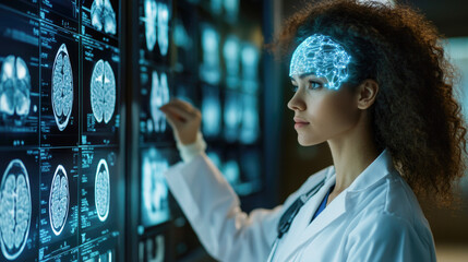 Female scientist analyzing digital brain scans in high-tech medical research laboratory