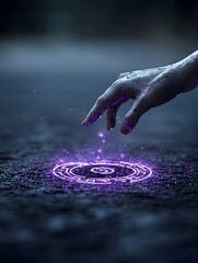 Witch s Hand Crawling from Enchanted Soil with Swirling Purple Mist and Glowing Runes   Spooky and Mysterious Supernatural Fantasy Scene
