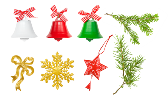 Christmas Decoration Set Isolated on White Background. Pine Branches, Star, Bells.