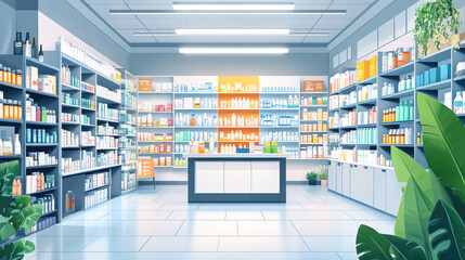 Modern pharmacy interior with shelves of health and beauty products in bright lighting