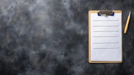 Blank checklist on clipboard with pencil dark background