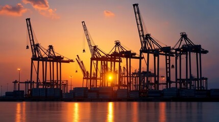 Obraz premium Sunset over a quiet shipping port with idle cranes, containers stacked, reflecting halted operations during longshoremen strike, industrial landscape