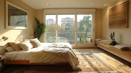Bright and cozy bedroom with large windows overlooking a serene outdoor view during daylight hours. Generative AI