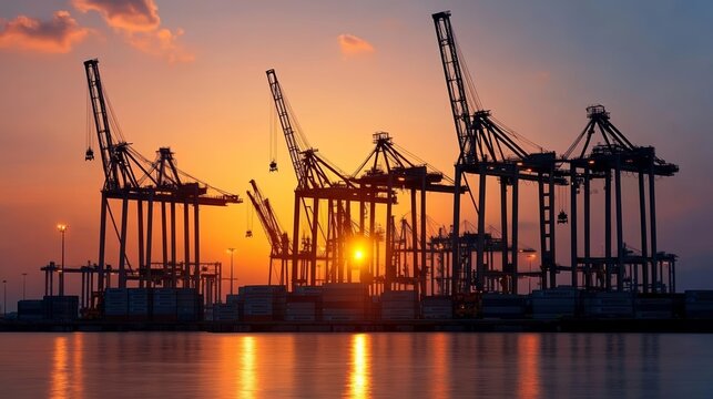Sunset over a quiet shipping port with idle cranes, containers stacked, reflecting halted operations during longshoremen strike, industrial landscape