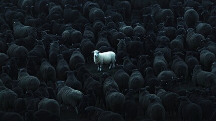 Obraz premium A single white sheep amidst a flock of dark sheep in an expansive field, representing uniqueness and the power of embracing