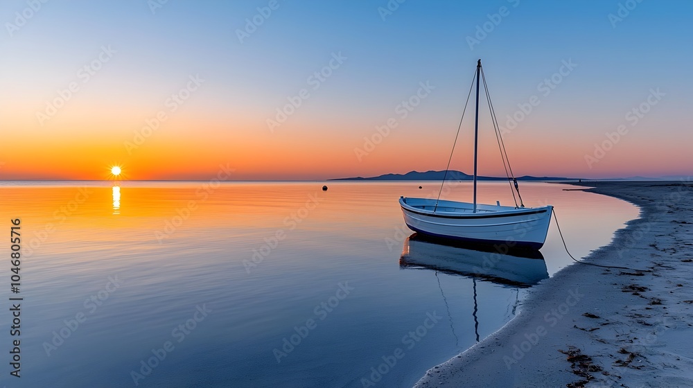 Poster Breathtaking sunset scene at a serene beach with a tranquil boat drifting calmly on the still reflective water creating a warm and peaceful atmosphere