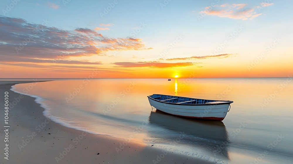 Aufkleber breathtaking sunset scene over a tranquil coastal beach with a lone boat floating on the calm reflec