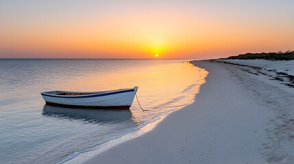 Serene Sunset on a Secluded Beach with a Peaceful Boat Floating on the Calm Glowing Ocean Waves