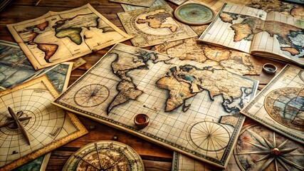 Naklejka premium Antique nautical charts on a table