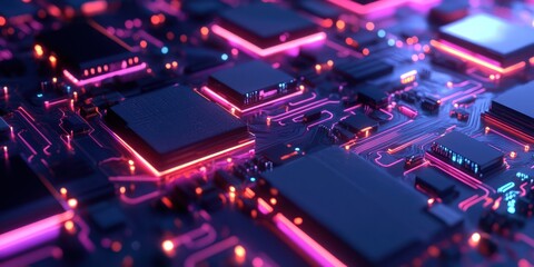 Obraz premium Microchip-inspired tech pattern with metallic textures and sharp neon outlines