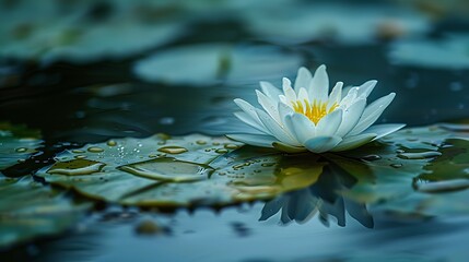 A beautiful water lily flower floats on the surface of a calm pond.